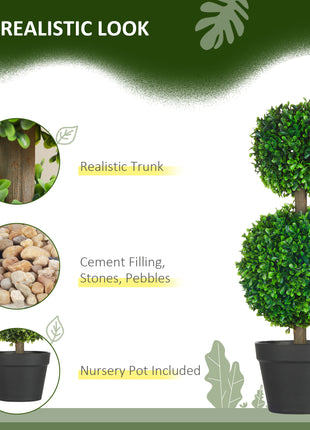 2 Pcs 23.6" Artificial Boxwood Ball Topiary Tree Set of 2 Fake Plants in Pot with Double Ball-Shaped Leaves Green