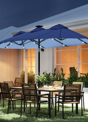 Double-sided Patio Umbrella, 9.7' Outdoor Umbrella with Tilt and Crank, LED Solar Light and 12 Ribs, Navy Blue