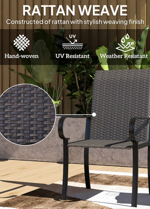 Set of 2 Outdoor Wicker Dining Chairs with Armrest, Steel Frame, High Back and Deep Seating, Brown
