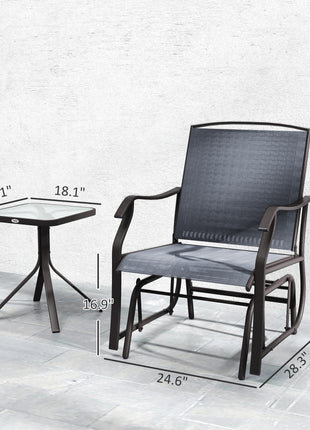 3 Piece Outdoor Glider Chair with Coffee Table Bistro Set, 2 Patio Rocking Swing Chairs with Breathable Sling Fabric, Glass Tabletop, for Backyard, Garden and Porch, Gray