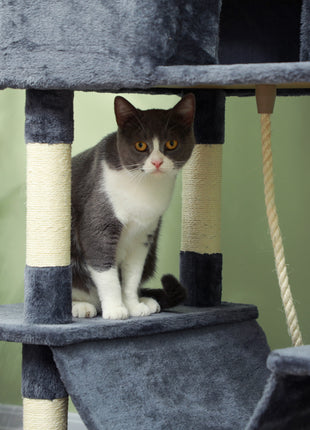 81" Cat Tree w/ Cat Scratching Posts, Scratching Board, Condos, Beds, Hammocks, Toy Balls, Rope Cat Toy, Gray