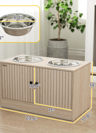 Elevated Dog Bowls with Storage Cabinet,  2 Stainless Steel Bowls, Slow Feeder, Dog Feeding Station for Large Dogs, Oak