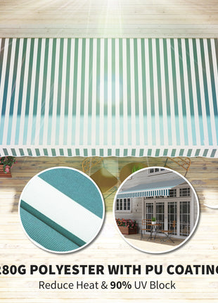 12' x 10' Retractable Awning Patio Awnings Sun Shade Shelter with Manual Crank Handle, 280g/m² UV & Water-Resistant Fabric and Aluminum Frame for Deck, Balcony, Yard, Green and White