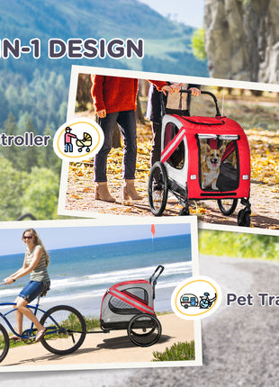 2-in-1 Pet Bike Trailer for Small Medium Dogs, Road-Visibility Dog Stroller Bicycle Carrier, Weather-Strong Bike Wagon Trailer Sidecar Attachment, Red