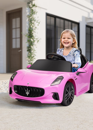 Maserati Gran Turismo Licensed 12V Kids Electric Car w/ Remote Control, Soft Start, LED Lights, Music, Horn, Pink