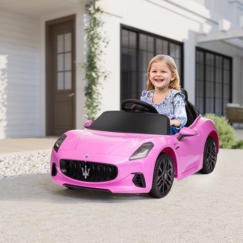 Maserati Gran Turismo Licensed 12V Kids Electric Car w/ Remote Control, Soft Start, LED Lights, Music, Horn, Pink