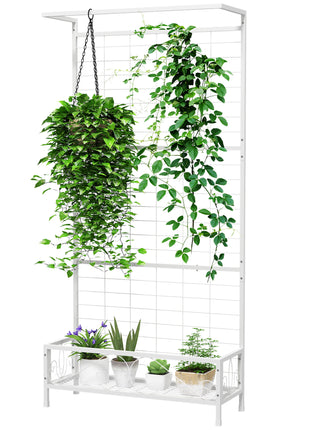 Metal Tall Plant Stand with Trellis and Hanging Bar, Plant Holder for Indoor Outdoor Use, 35" x 12.8" x 74", White