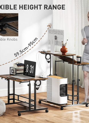 Adjustable Standing Desk with Power Outlets, Stand Up Desk with Tiltable Tabletop, Wheels, Shelf, for Home Office, Brown