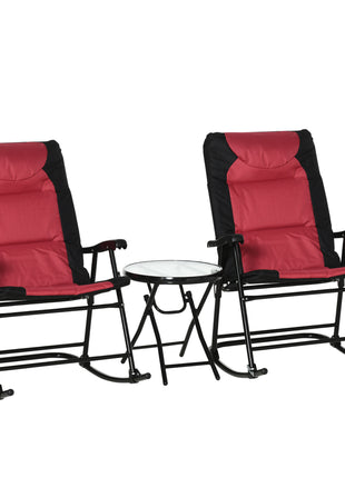 3 Piece Outdoor Patio Furniture Set with Glass Coffee Table & 2 Folding Padded Rocking Chairs, Bistro Style for Porch, Camping, Balcony, Red