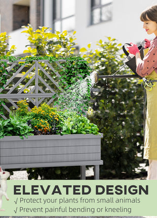 Elevated Wood Planter with Trellis for Climbing Plants, Raised Garden Bed with Legs and Drainage Holes, Gray