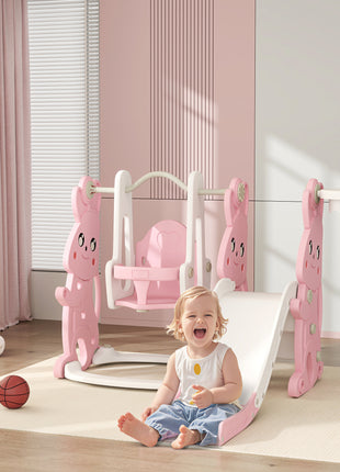 4 in 1 Toddler Slide and Swing Set with Climber, Basketball Hoop, Rabbit Themed Kids Playset for Ages 1.5-4, Pink