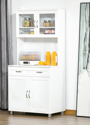 67" Buffet with Hutch, Modern Kitchen Pantry, Freestanding Storage Cabinet with Framed Glass Doors, Shelves and Drawers, White