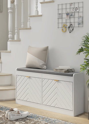 Narrow Storage Bench, Upholstered Entry Way Bench, Shoe Rack Bench with 2 Flip Drawers, 2 Vents for 8 Pairs of Shoes