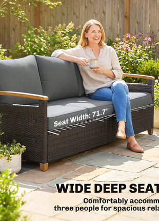 3 Seater Outdoor Couch Sofa, PE Wicker Patio Sofa, Wide Deep Seat, 4" Cushions, Wood-Effect Armrests Legs, Gray