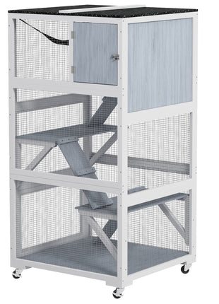 Catio, Outdoor Cat Enclosure House on Wheels with Hammock, Gray