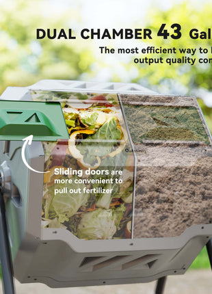Tumbling Compost Bin Outdoor 360° Dual Chamber Rotating Composter 43 Gallon, Light Gray