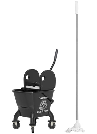 Mop Bucket with Wringer on Wheels for Floor Cleaning, 27.5 Quart Down Press Wringer with Handle and Mop, Black