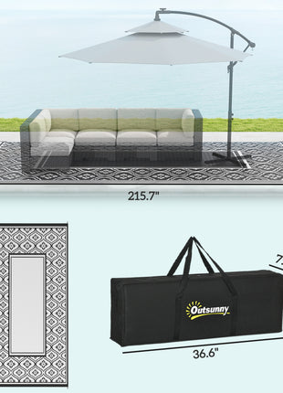 Reversible Outdoor Rug, Waterproof Plastic Straw with Carry Bag, 9' x 18', Black & White Gourd Border