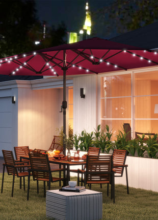 Garden Parasol, Double-Sided Sun Umbrella with LED Solar Lights, Patio Parasol for Outdoor, Wine Red
