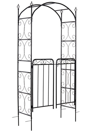 84" Garden Arch Arbor with Gate, Metal Arch Trellis, Garden Archway for Climbing Vines, Wedding Ceremony Decoration, Flourishes & Arrow Tips, Black