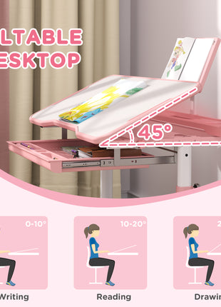 Adjustable Kids Desk and Chair Set with Tilt Desktop & Storage, Pink
