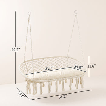 2-Person Hammock Chair Macrame Swing with Soft Cushion, Hanging Cotton Rope Chair for Indoor Outdoor Home Patio Backyard, White
