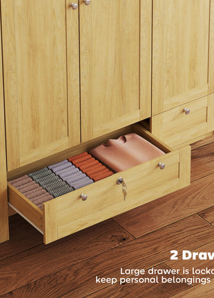 3 Doors Wardrobe Closet with 2 Drawers, Bedroom Armoire with Lockable Drawer, Hanging Rod and Storage Shelves, Natural