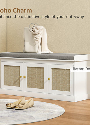 Shoe Storage Bench with Woven Rattan Doors, Shoe Bench with Cushion, Adjustable Shelves, Entryway Bench, White