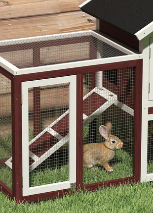 49" Wooden Rabbit Hutch Bunny Cage with Waterproof Asphalt Roof, Fun Outdoor Run, Removable Tray and Ramp, for Rabbits, Chickens, Ducks, Brown