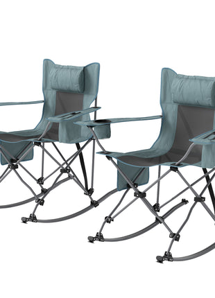 Folding Rocking Camping Chairs, Portable Chairs with Headrest, Cooler Bag, Cup Holder, Carry Bag, 2 Pack, Gray