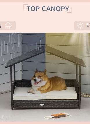 Wicker Dog House Outdoor with Canopy, Rattan Dog Bed with Water-resistant Cushion, Raised Dog Bed for Small, Medium Dogs up to 66 lbs, 19.75" in Length, Brown Wicker, White Cushion