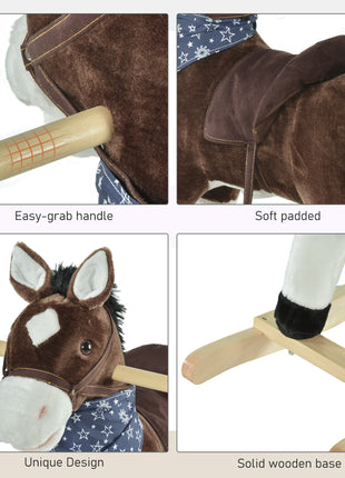 Kids Plush Ride-On Rocking Horse Toy Cowboy Rocker with Fun Realistic Sounds for Child 3-6 Years Old, Brown