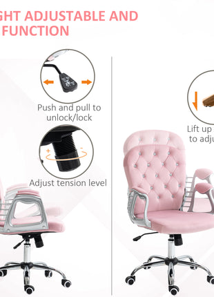 Button Tufted Desk Chair, Home Office Chair with Padded Armrests, Adjustable Height and Swivel Wheels, Pink