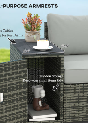 3 Seater Wicker Outdoor Couch Patio Sofa with Storage, Thickened Cushions and Wide Armrests for Porch Yard, Gray