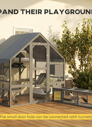 Wooden Catio Outdoor Cat Enclosure with Waterproof Cover, 2 Condos, 4 Platforms, Bridge, Doors, Gray