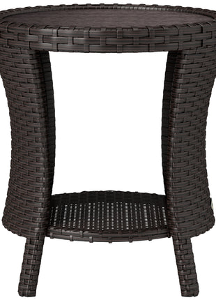 18" Wicker Outdoor Coffee Table, PE Rattan Patio Side Table with 2-Tier Storage, Composite Wood Top, Mixed Brown