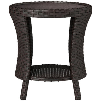 18" Wicker Outdoor Coffee Table, PE Rattan Patio Side Table with 2-Tier Storage, Composite Wood Top, Mixed Brown