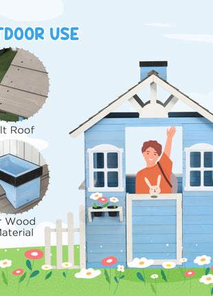 Wooden Playhouse for Kids Outdoor with Flower Pot Holders, Door, Windows, Service Stations for 3-7 Years, Blue