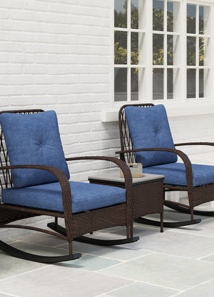 3 Piece Wicker Patio Furniture Set, Outdoor PE Rattan Rocking Chairs with Coffee Table, Cushions for Porch, Brown