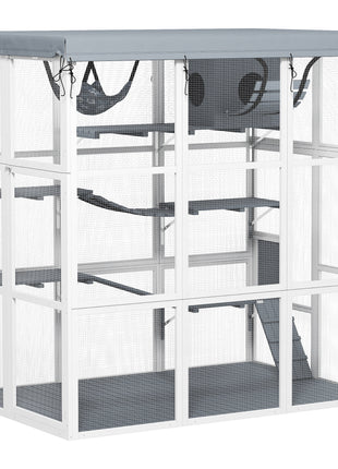 Large Outdoor Catio Cat Enclosure with Hammock, Condo, Jump Platforms, Ladders, Ramps, Tarp, for 2-4 Large Cats, Gray