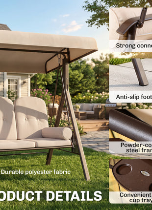 3-Seat Patio Swing Chair, Outdoor Porch Swing Glider with Adjustable Canopy, Removable Cushion, Pillows and Side Trays, for Garden, Poolside, Backyard, Beige