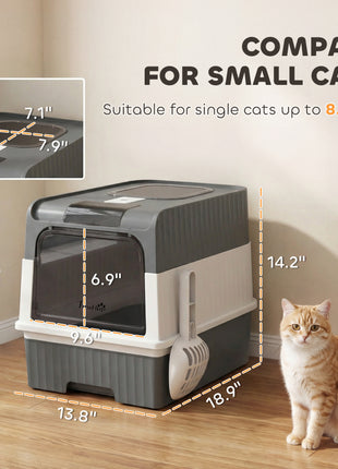 Cat Litter Box Hooded Cat Litter Tray with Drawer Pan Front Entry & Top Exit Easy Cleaning Gray