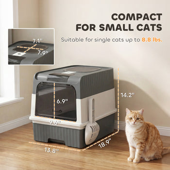 Cat Litter Box Hooded Cat Litter Tray with Drawer Pan Front Entry & Top Exit Easy Cleaning Gray