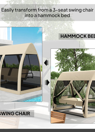 3 Seat Outdoor Swing Chair Convertible Covered Day Bed with Canopy, Mesh Netting, Steel Stand for Garden, Patio, Coffee