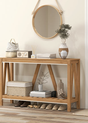 Console Table, Farmhouse Entryway Table with Storage Slatted Shelf, Rustic Sofa Table with Anti-Tipper for Living Room, Hallway, Brown