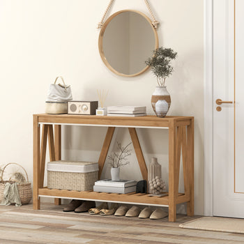 Console Table, Farmhouse Entryway Table with Storage Slatted Shelf, Rustic Sofa Table with Anti-Tipper for Living Room, Hallway, Brown