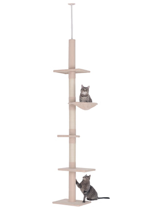 102" Adjustable Height Floor to Ceiling Cat Tree, 5 Level Cat Tower with Scratching Posts, Hammock, Beige