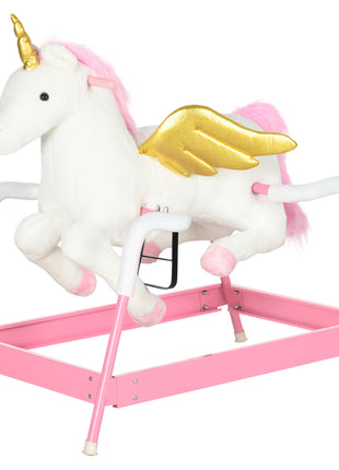Kids Spring Rocking Horse Unicon, Ride on Horse for Girls and Boys with Sounds, Plush Animal Ride-on Toy with Soft Feel, Interactive Toy for Kids, Pink