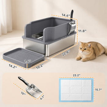 Stainless Steel Sifting Litter Box for Pine Pellets, Large Metal Litter Box with Sifter Tray, Metal Scoop, 10 Pee Pads