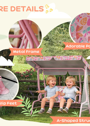 Kids Patio Swing, 2-Seater Outdoor Porch Swing with Safety Belt and Adjustable Canopy for Backyard Garden, Pink